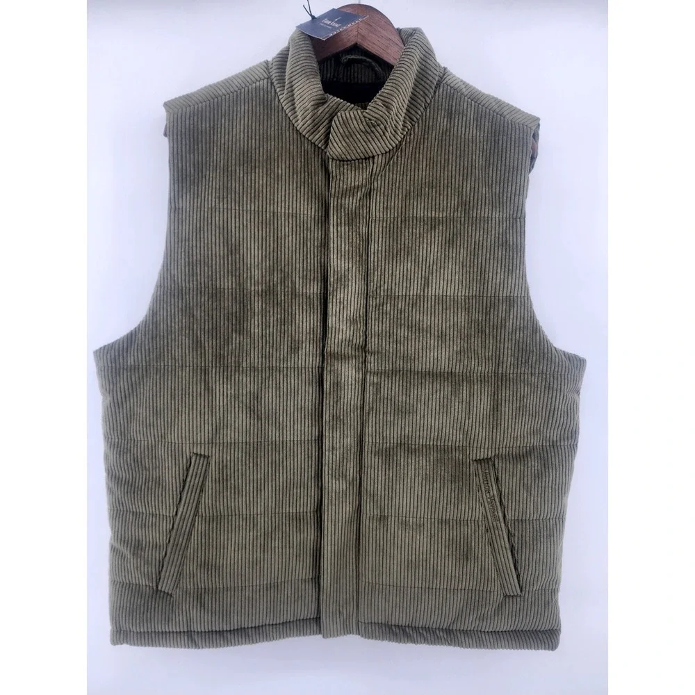 Tailor Vintage Mens L Corduroy Puffer Vest Army Green Full Zip Pockets Outerwear